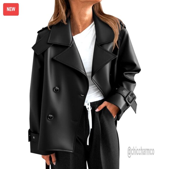 Faux Leather Motorcycle Jacket Oversized Button Down Coat Casual Outerwear